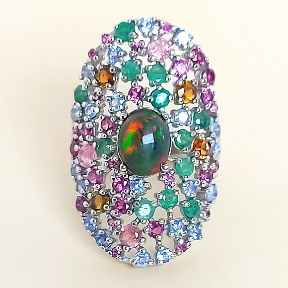 925 Sterling Silver Ring Sz 8 with Natural Black Opal, Emerald, Garnet, Tanzanit - Picture 7 of 7